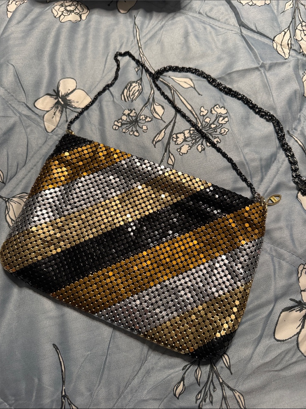 Vintage Metallic Mesh Stripe Evening Bag - Gold, Silver & Black